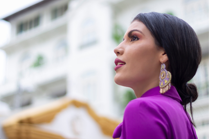 dark purple dress matching earrings Styling Our Nanette Dress: Earrings, Shoes, and More
