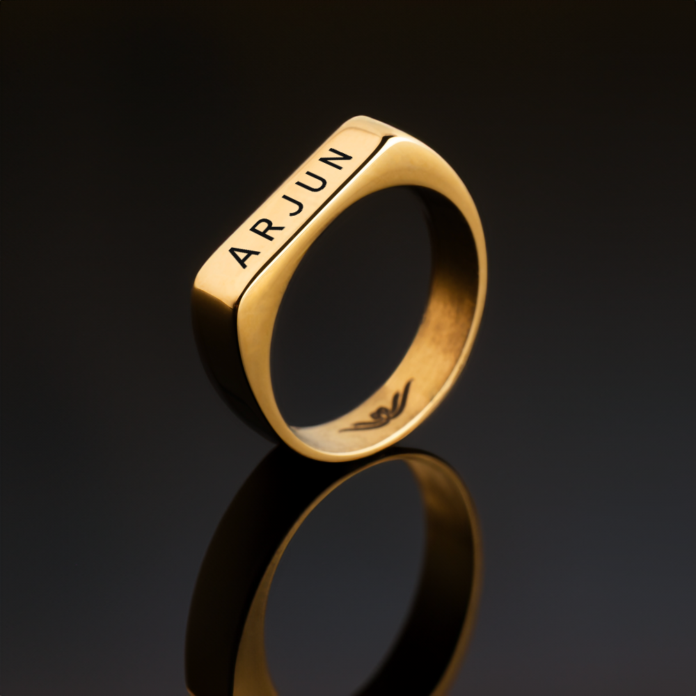 Name rings for men - engraved 22K gold plated stainless steel band worn on the hand