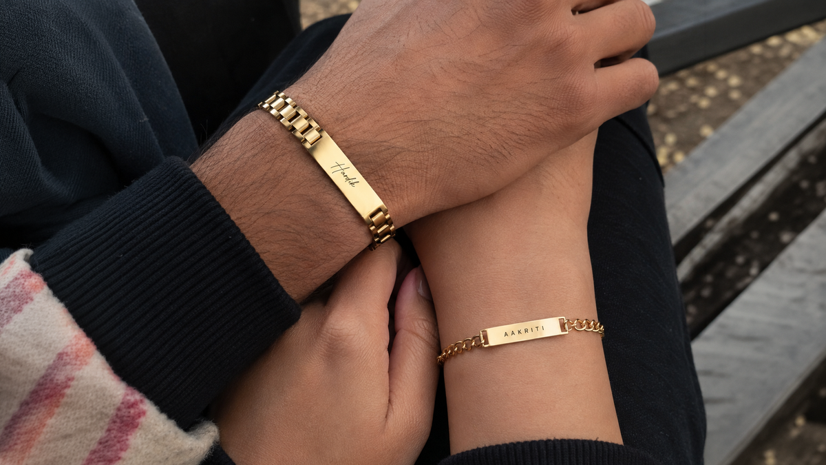 Couple bracelets — matching his and hers bracelets in silver and 22K gold plated stainless steel, engraved with names