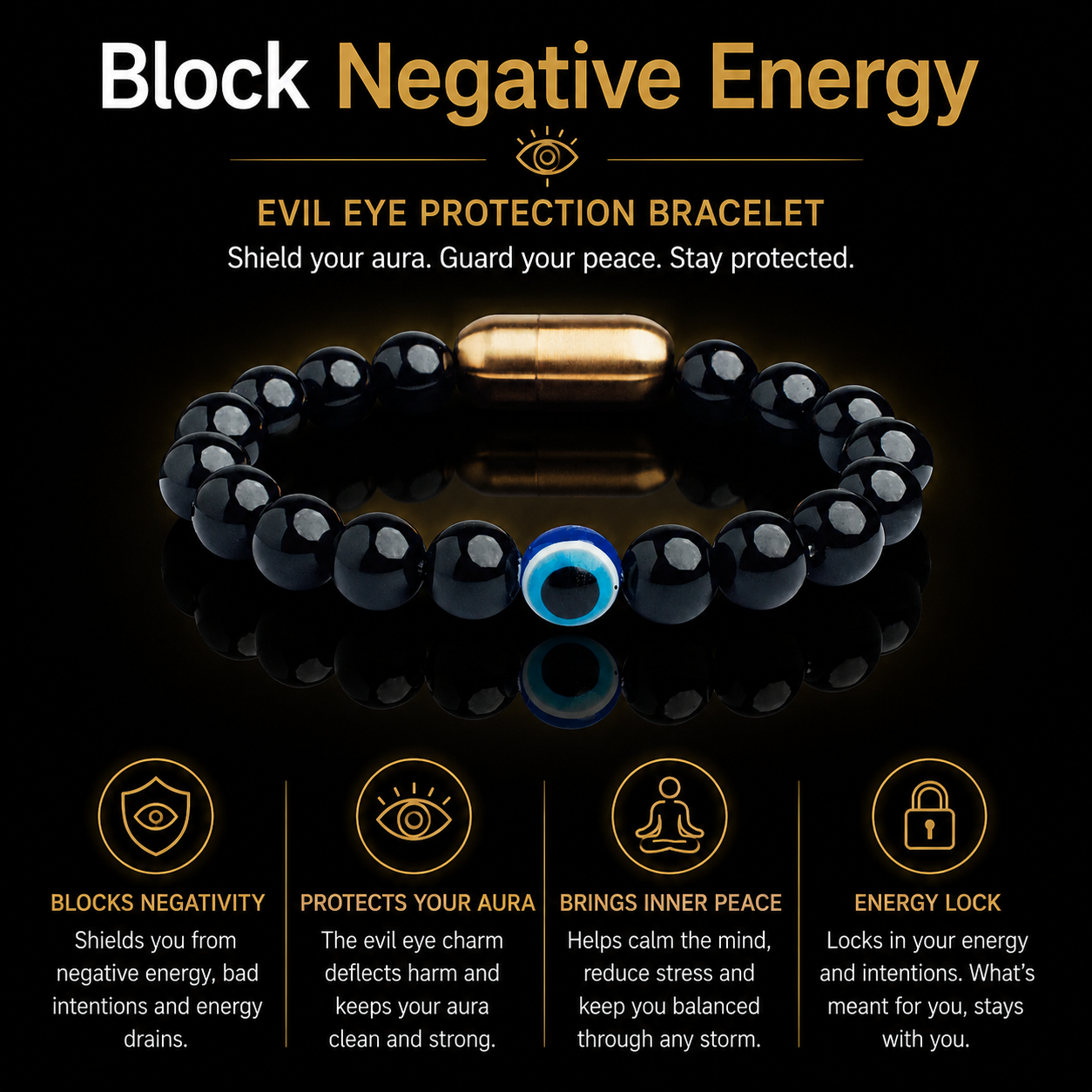 BLACK ONYX EVIL EYE BRACELET (PERSONALISED)
