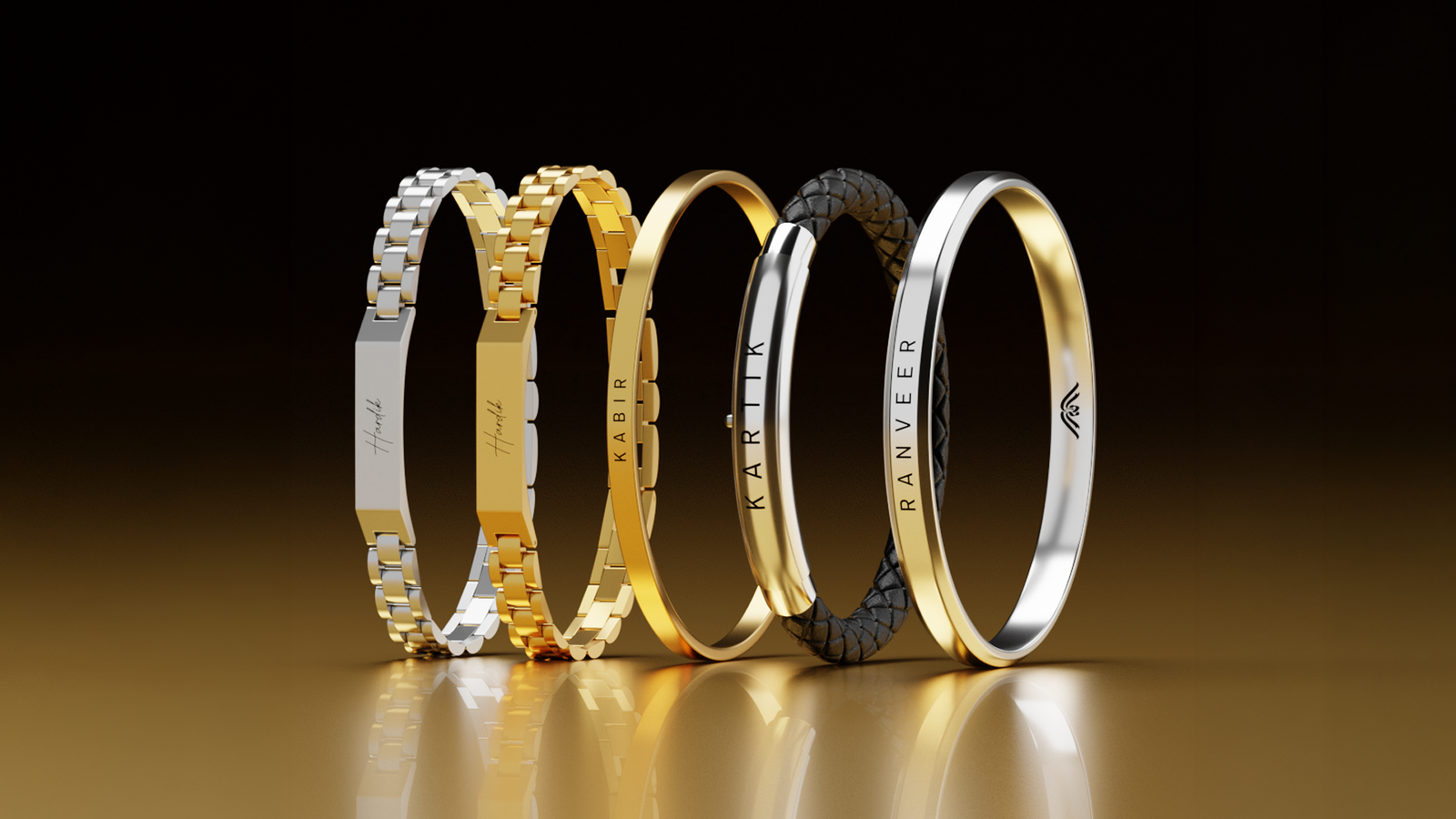 Bracelet for men — engraved steel kada, cuban link chain bracelet and gold plated bar bracelet worn together on one wrist
