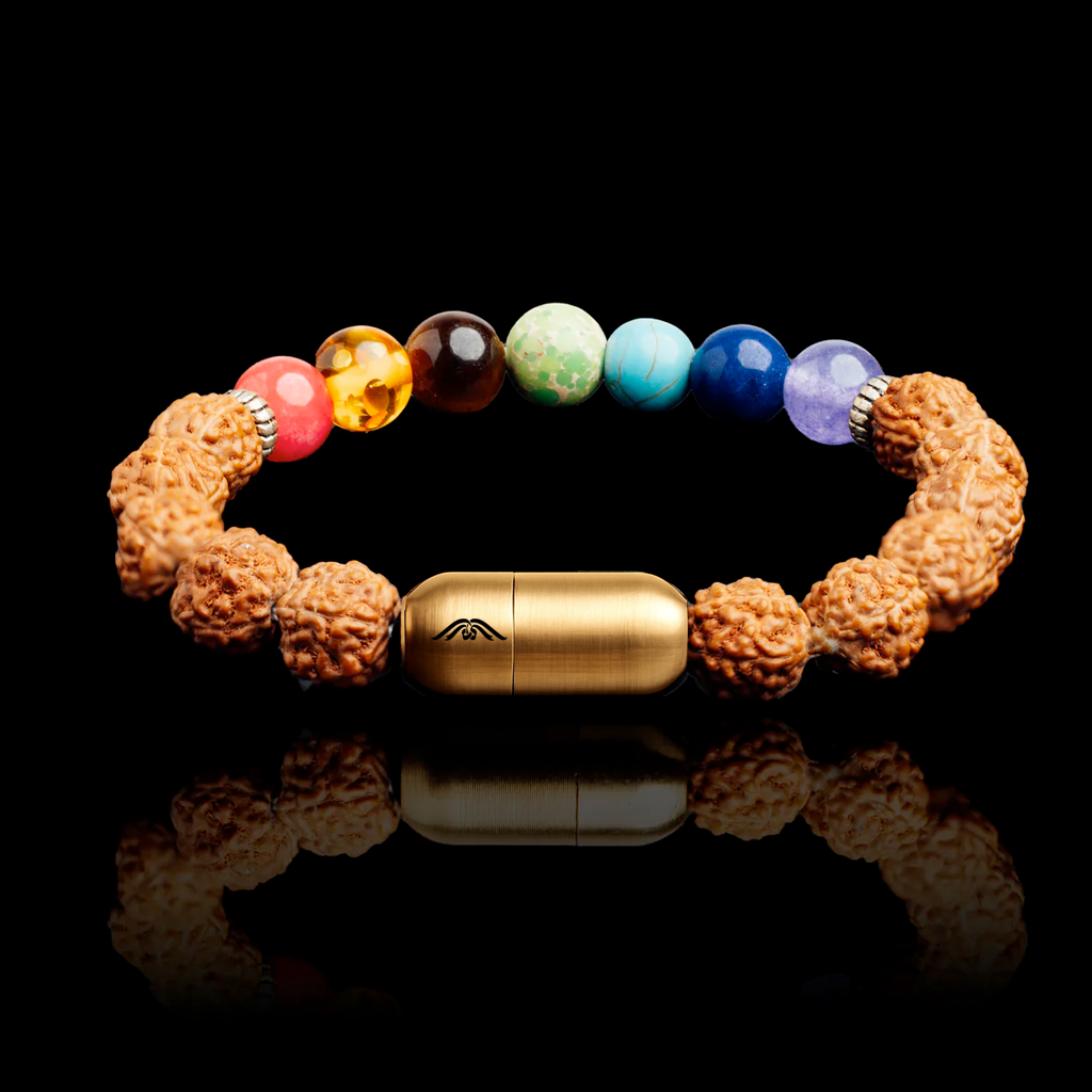 Close-up of 7 chakra bracelet showing all stones